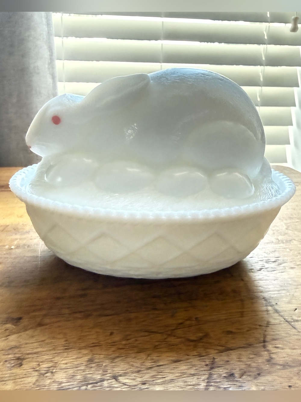 Westmoreland White Milk Glass Bunny Rabbit on Basket Nest Candy Dish Oval Marked